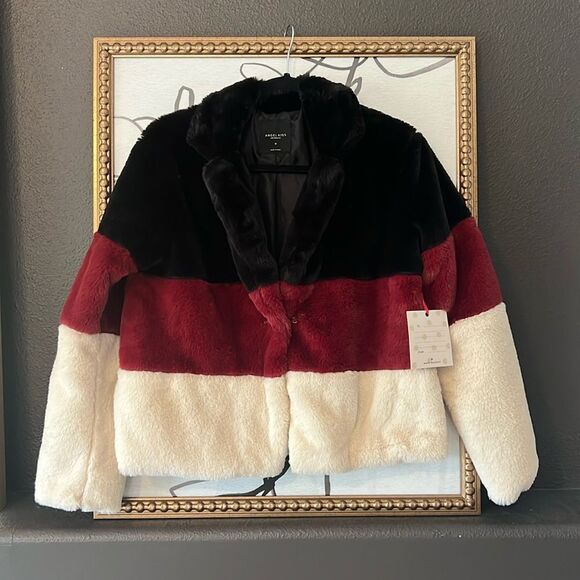 Faux Fur Jacket Block Color Slight Cropped Size Medium - Picture 1 of 5